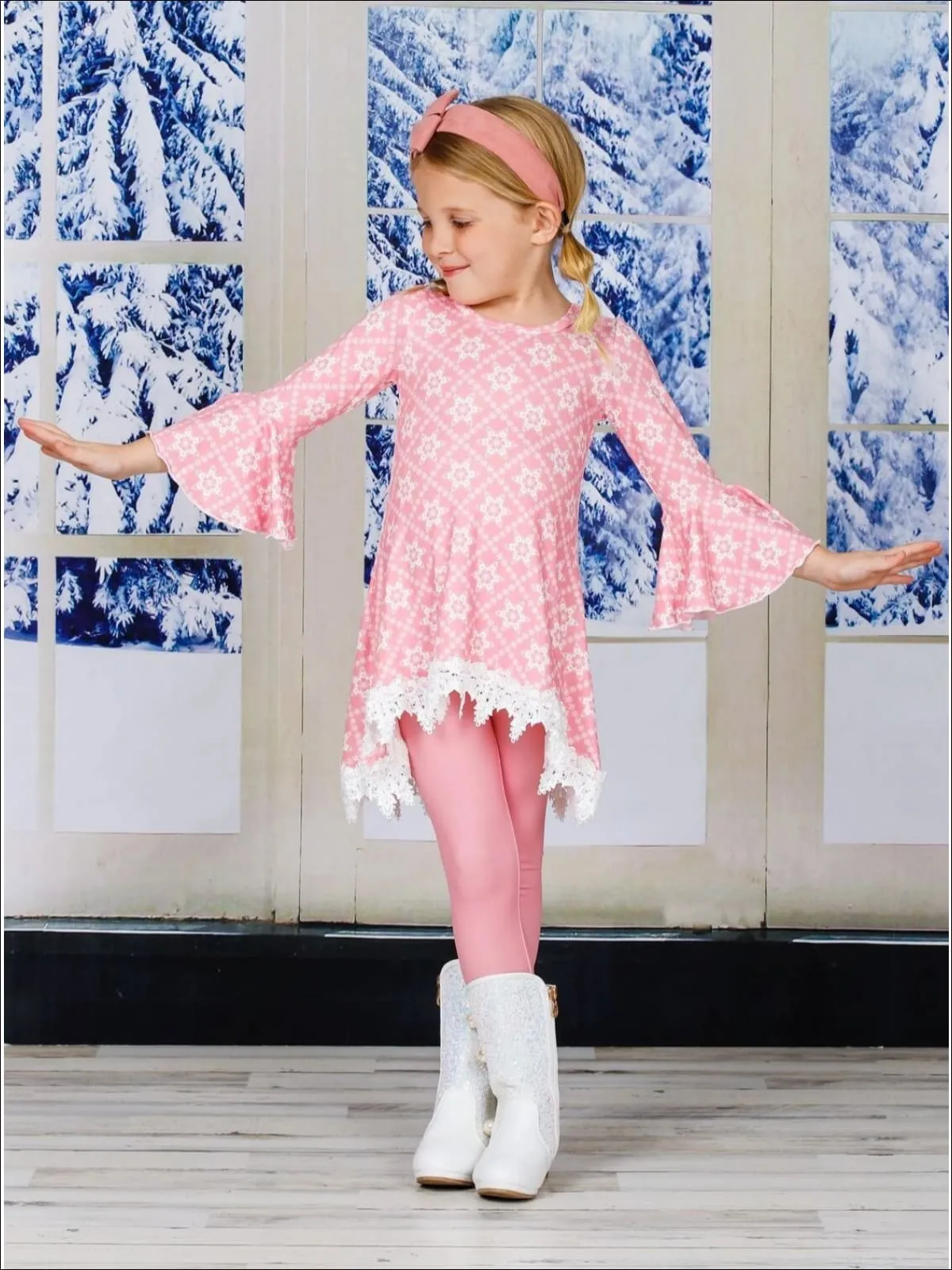 Girls Printed Hi-Lo Flared Long Sleeve Tunic And Matching Legging Set