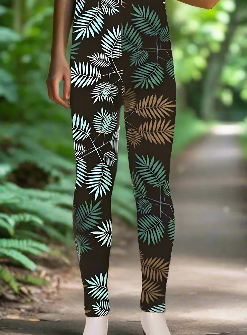 Girls Tropical Leaf Leggings, Kids Yoga Pants, Sizes S/L, No-Roll Waist, Teal Blue/Green/Black