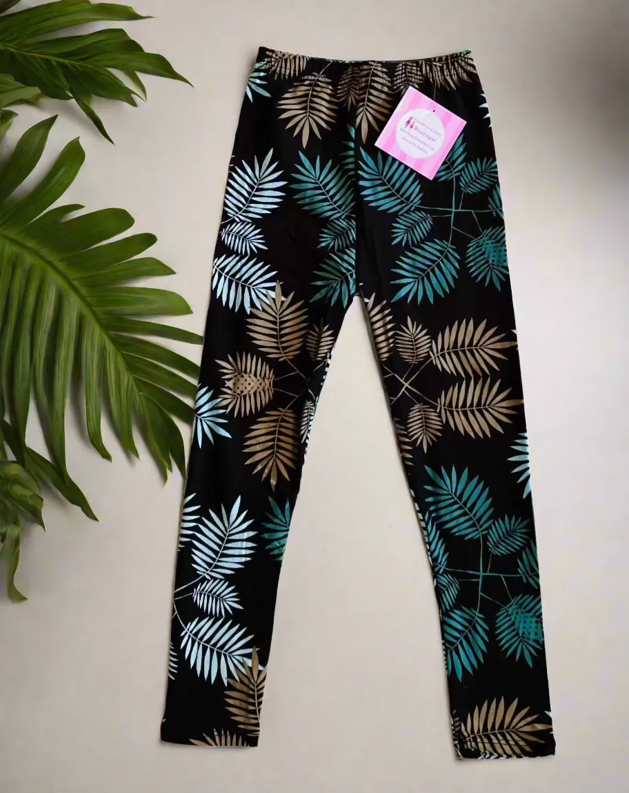 Girls Tropical Leaf Leggings, Kids Yoga Pants, Sizes S/L, No-Roll Waist, Teal Blue/Green/Black