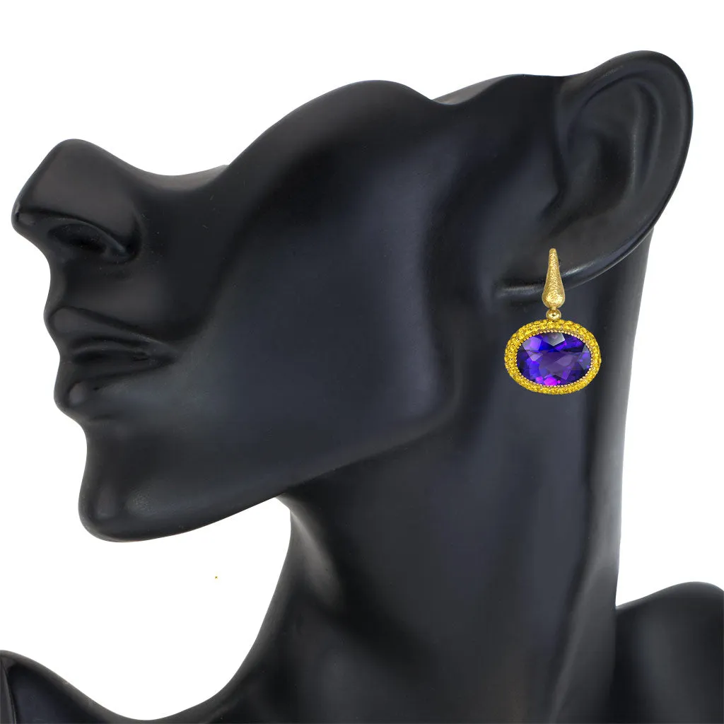 Gold Cocktail Drop Earrings With Amethyst & Sapphires