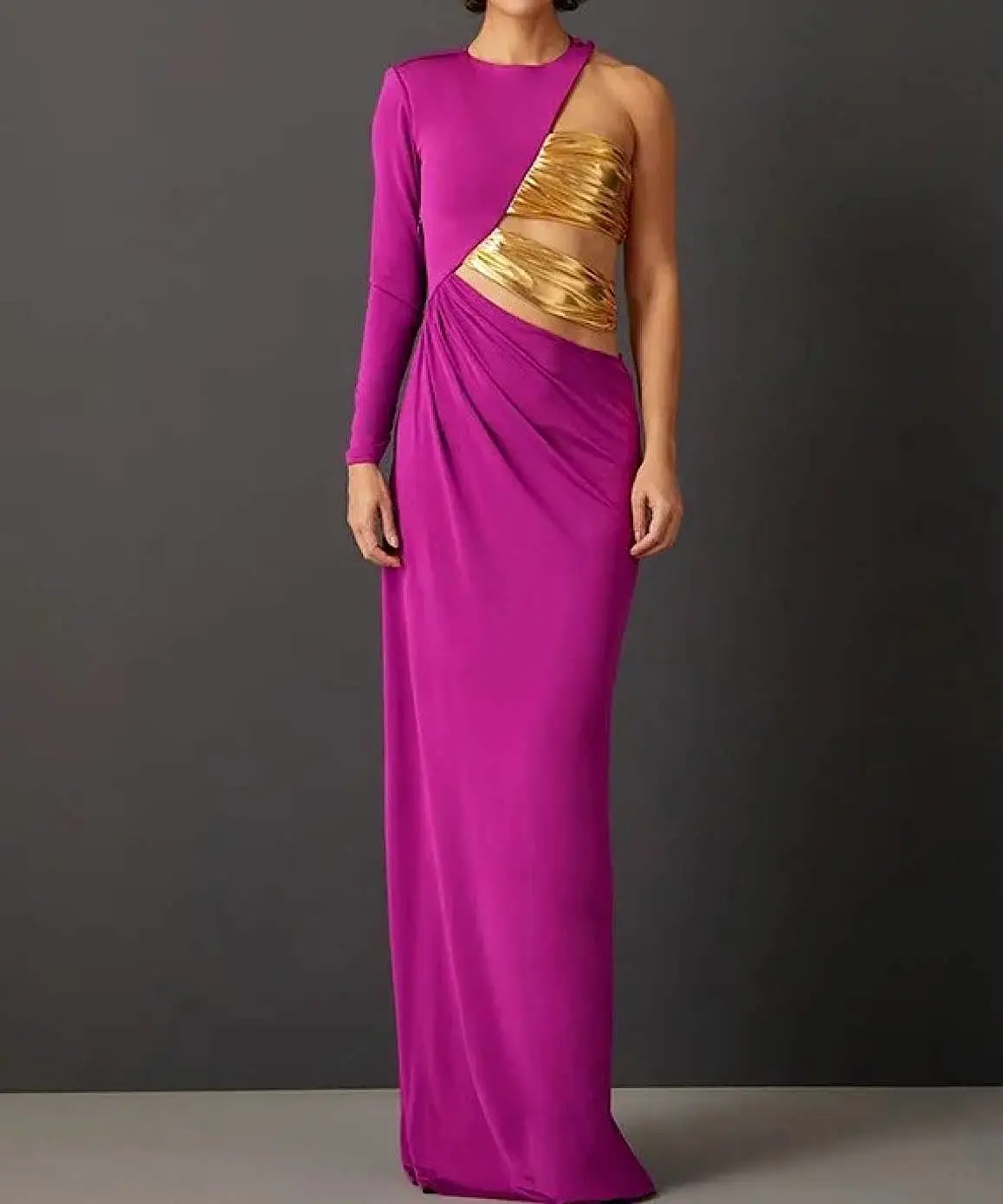 Gold Purple Ruched Long Gown