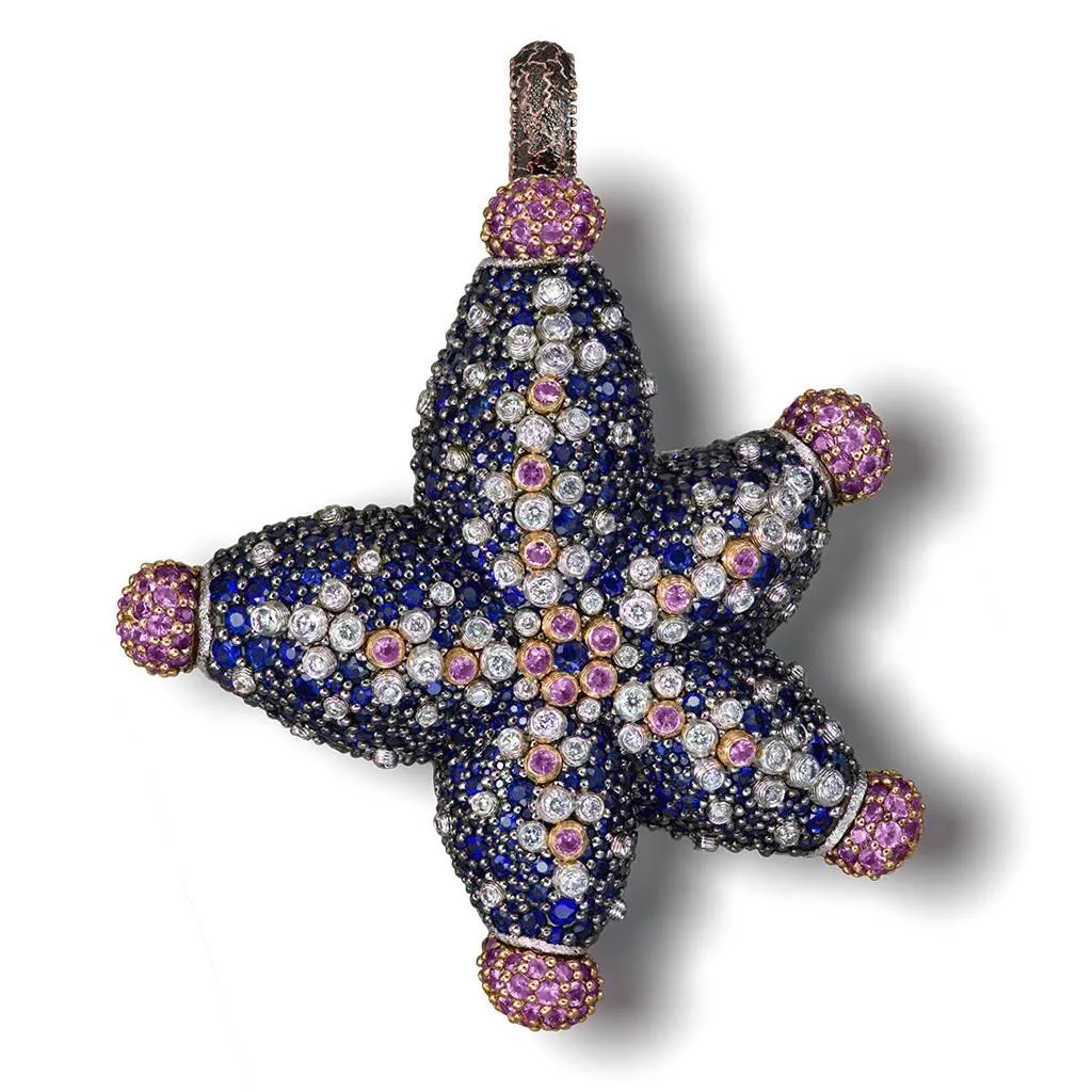 Gold Starfish Necklace with Diamonds and Sapphires