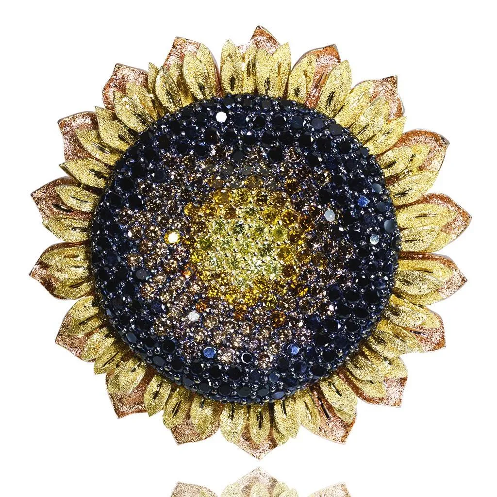 Gold Sunflower Brooch with Color Diamonds