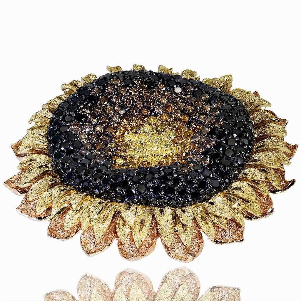 Gold Sunflower Brooch with Color Diamonds