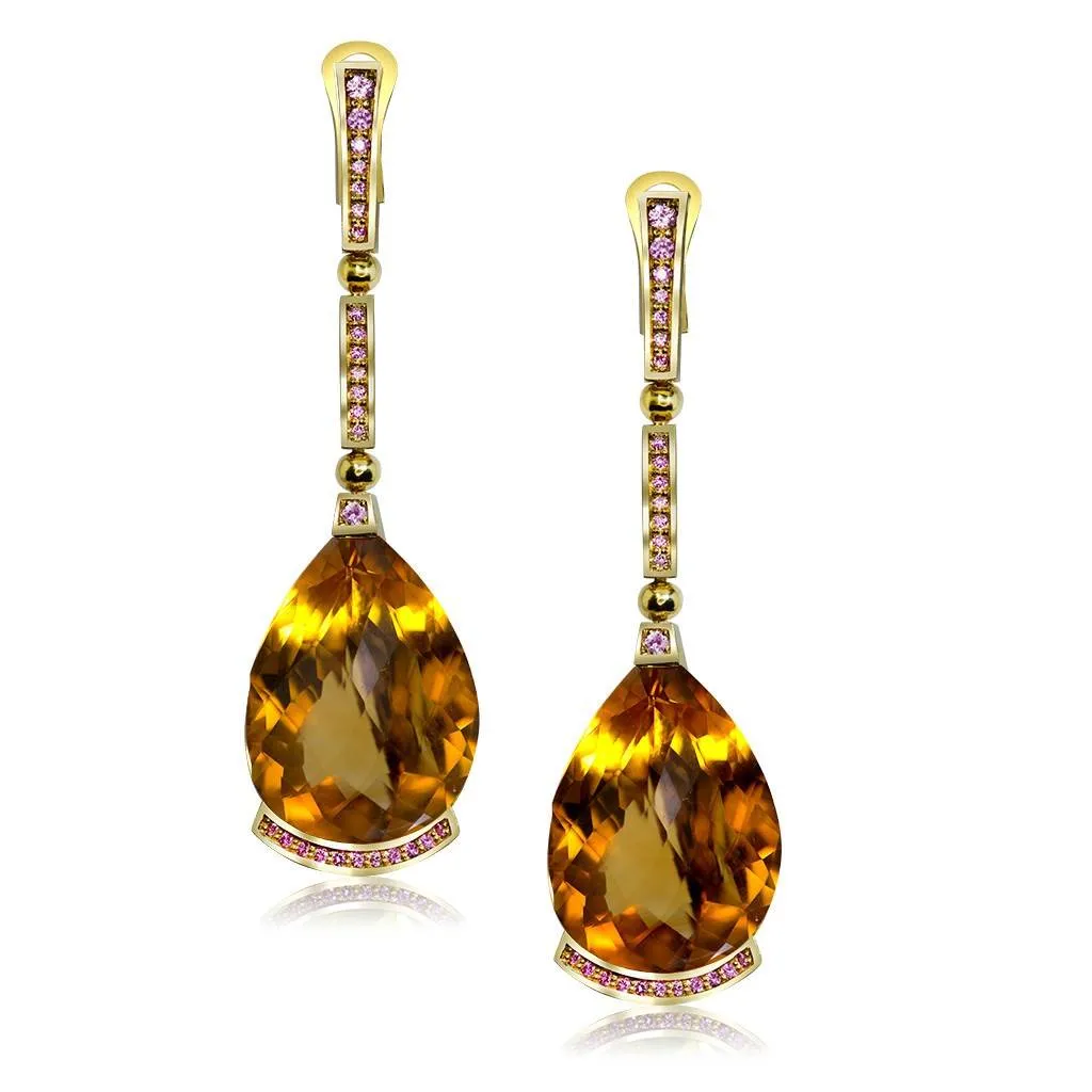 Gold Swan Drop Earrings with Honey Citrine & Sapphires