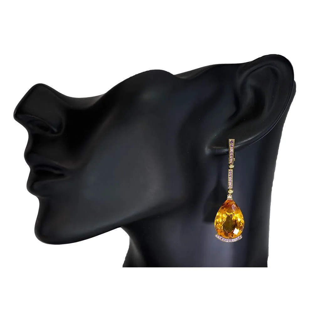 Gold Swan Drop Earrings with Honey Citrine & Sapphires