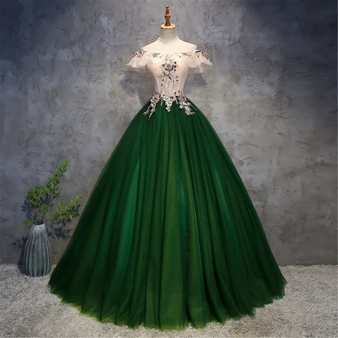 Green Tulle Off Shoulder Long Formal Dress with Lace, Sweet 16 Gown