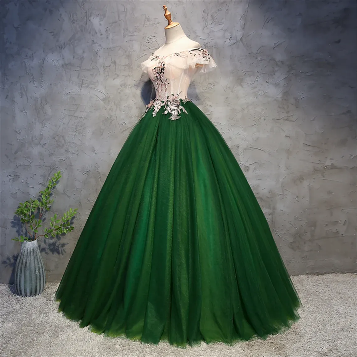 Green Tulle Off Shoulder Long Formal Dress with Lace, Sweet 16 Gown