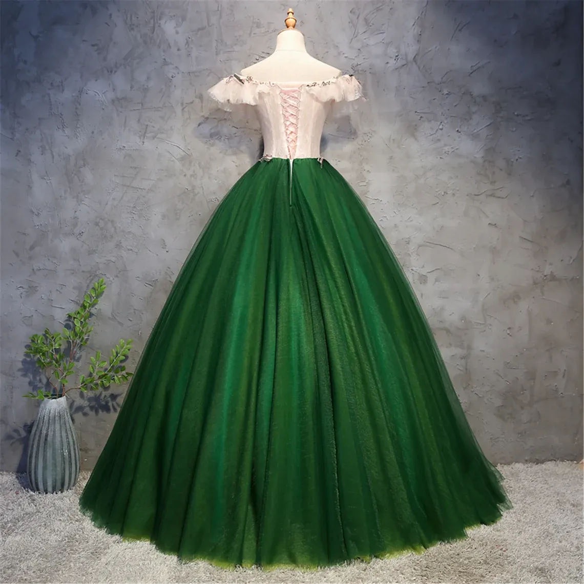 Green Tulle Off Shoulder Long Formal Dress with Lace, Sweet 16 Gown