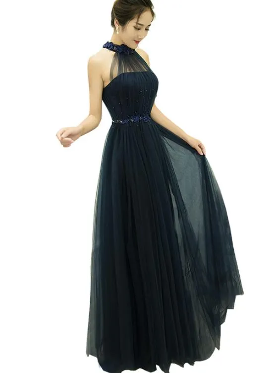 Halter Navy Blue Tulle Long Formal Dress, Pretty Formal Gown