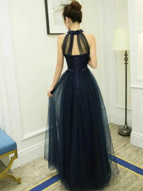 Halter Navy Blue Tulle Long Formal Dress, Pretty Formal Gown