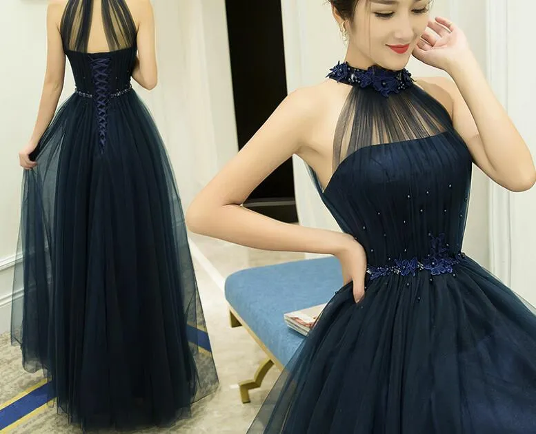 Halter Navy Blue Tulle Long Formal Dress, Pretty Formal Gown