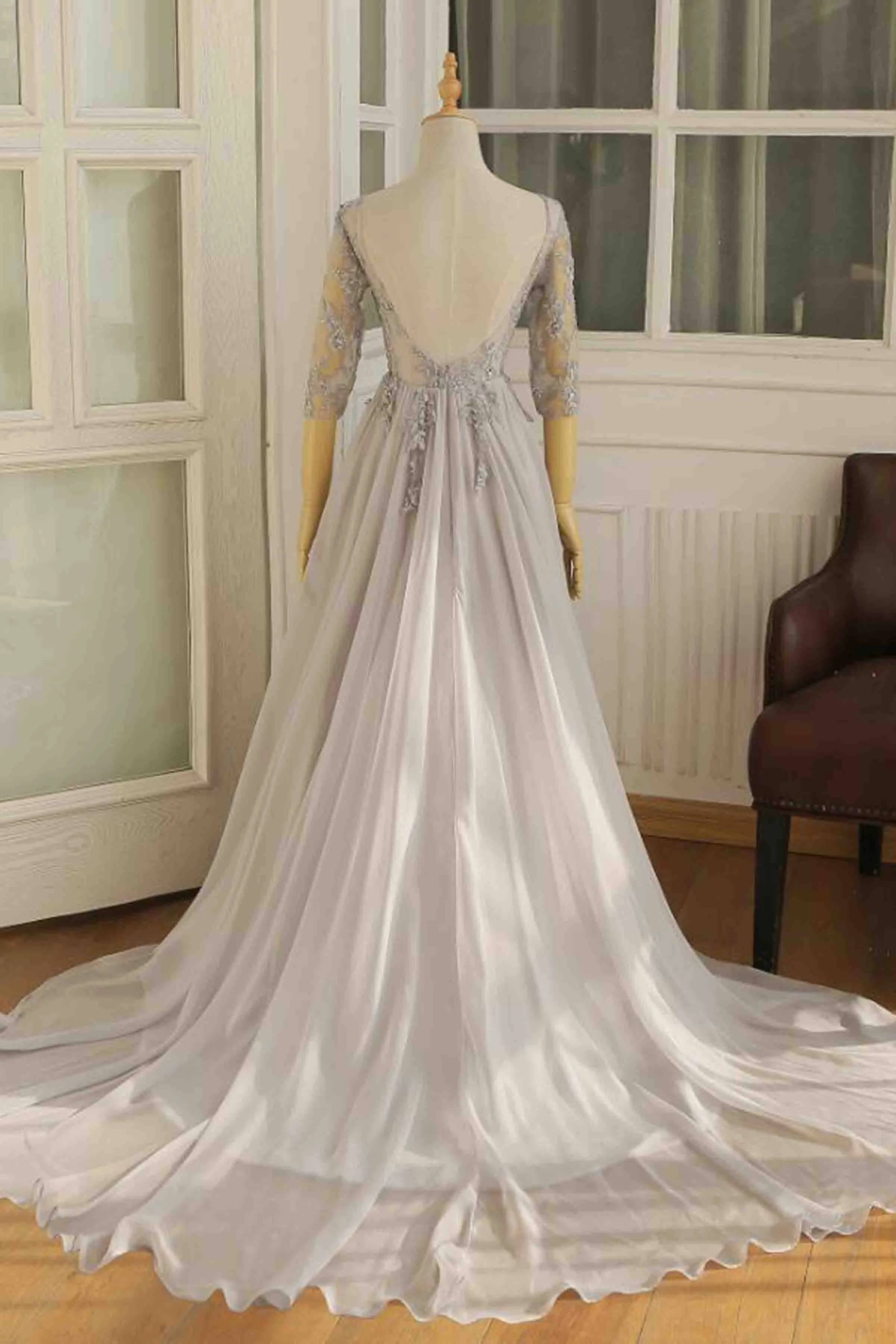 Light Grey Beautiful Applique Long Chiffon Wedding Party Dress, Cute Backless Formal Gown