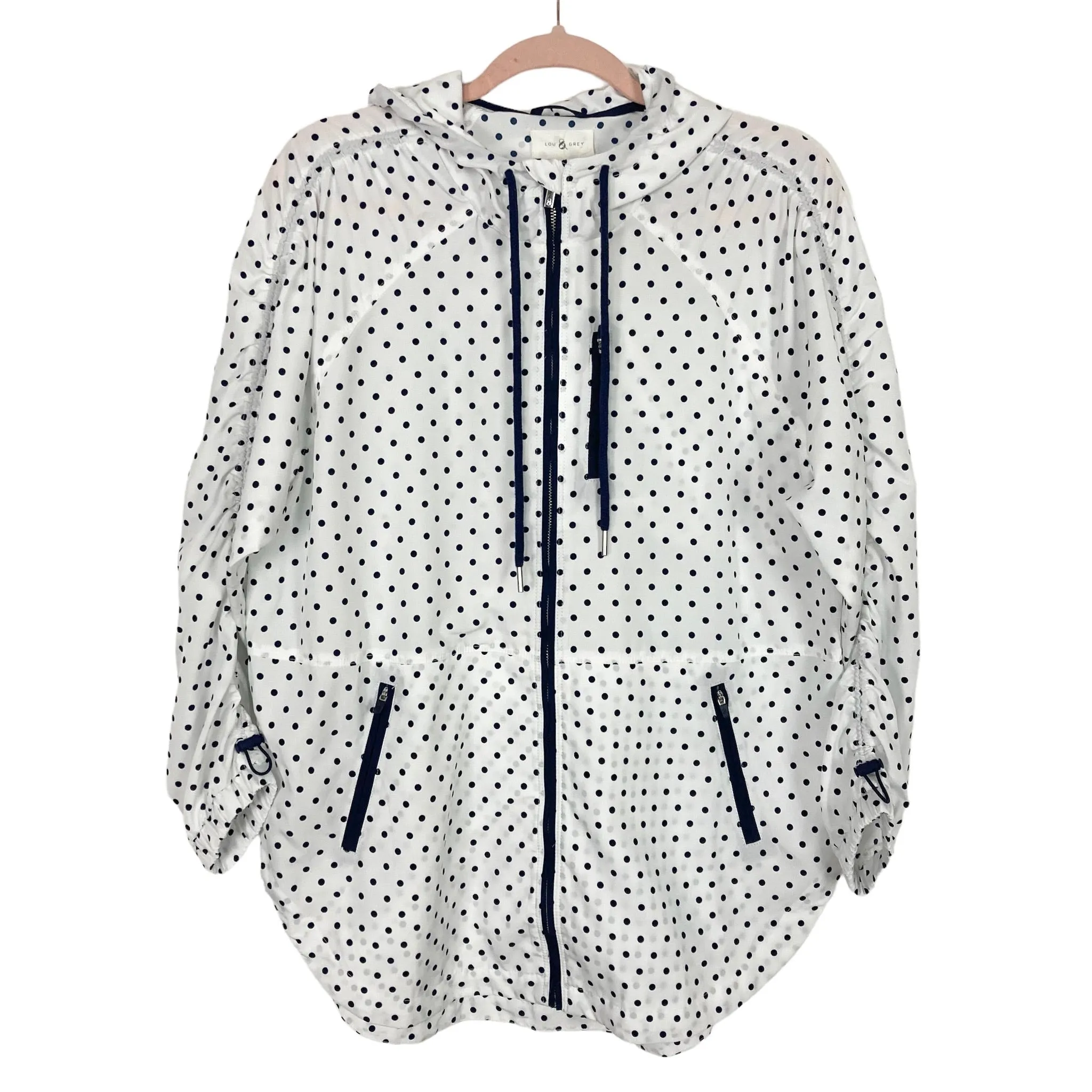 Lou & Grey Ivory/Navy Polka Dot Drawstring Back and Cuffs Rain Jacket NWT- Size XS (see notes)