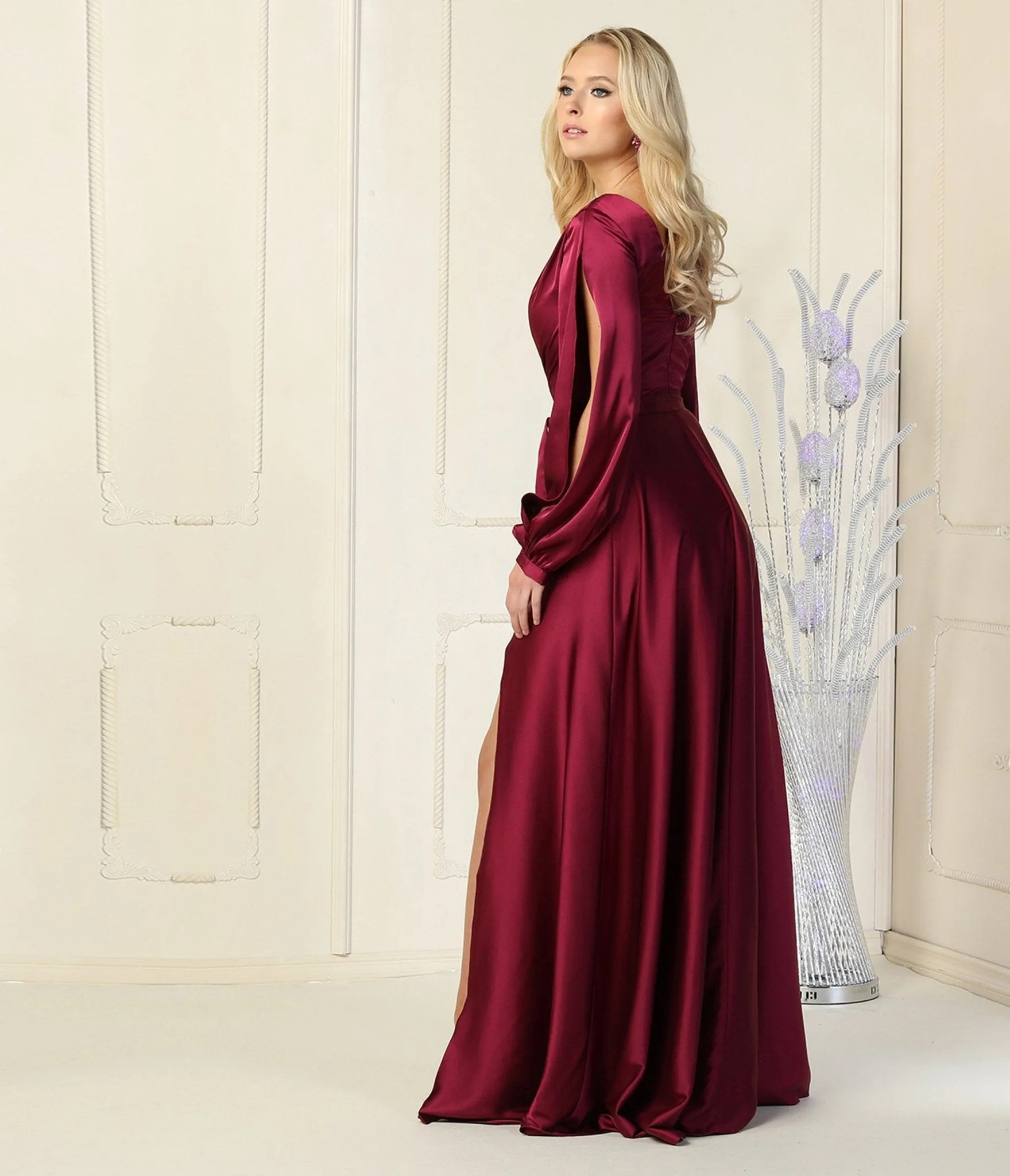 Magenta Satin Long Sleeve Goddess Gown