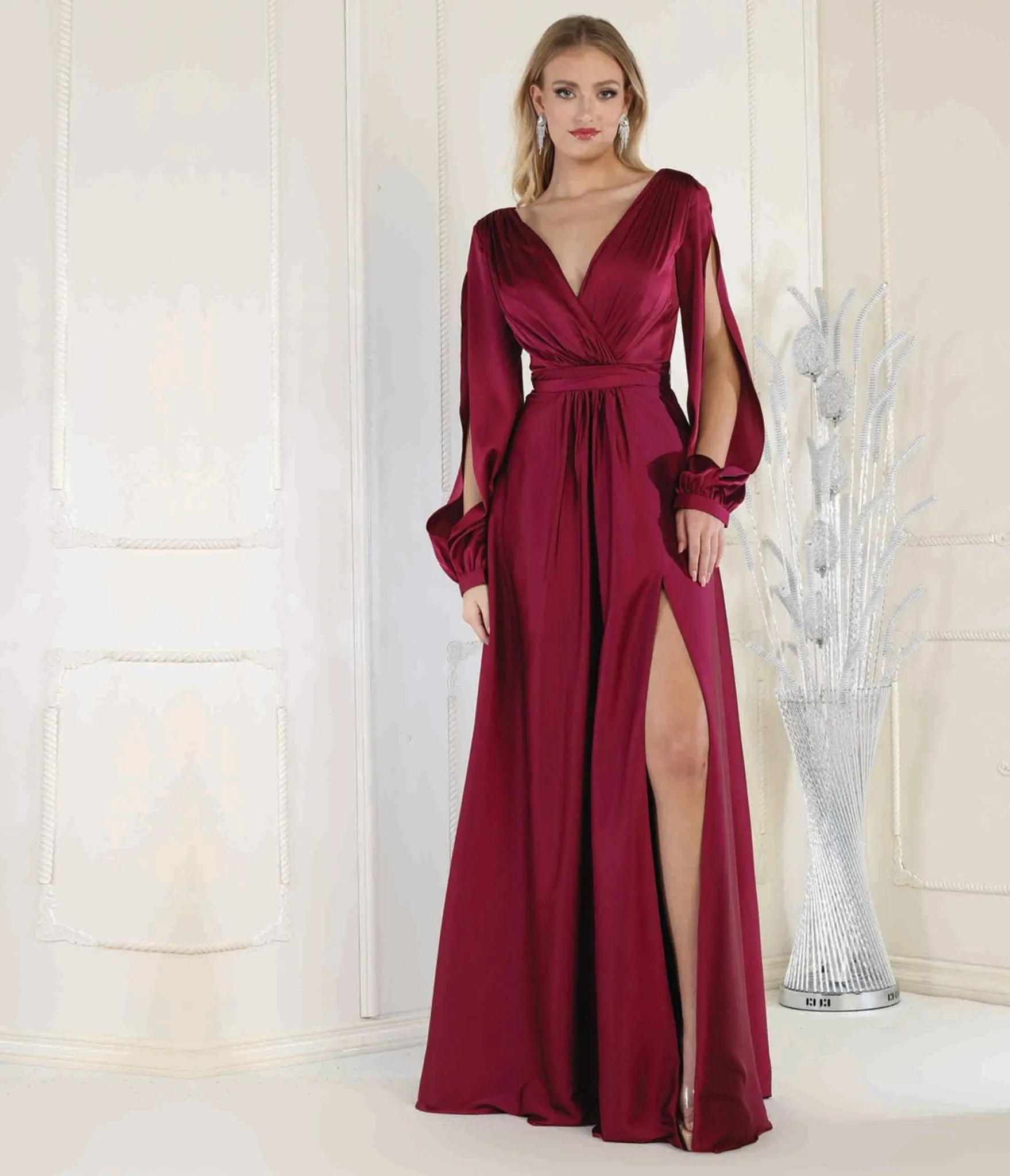 Magenta Satin Long Sleeve Goddess Gown