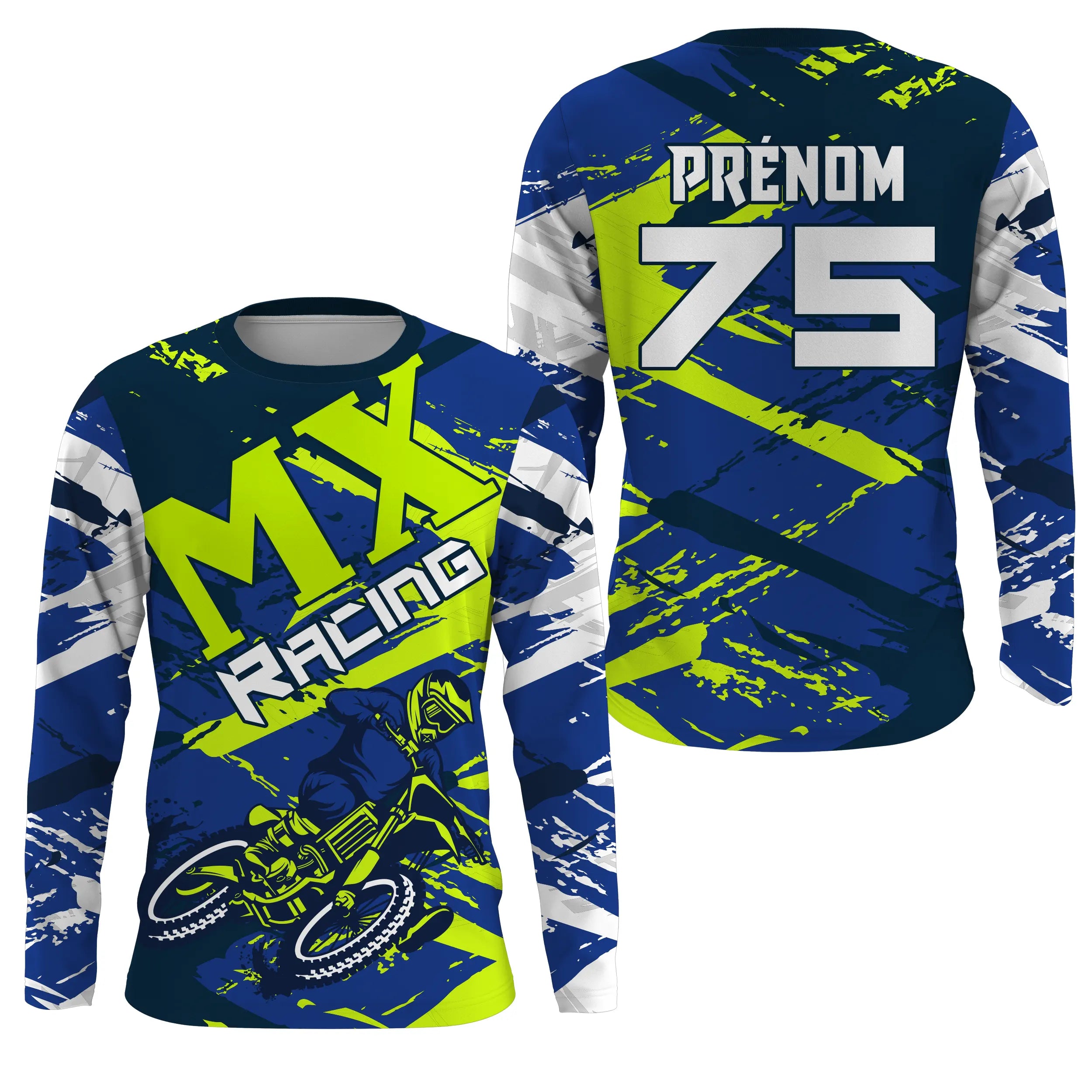 Maillot Cross Protection UV Bleu Vert, Cadeau Personnalisé Pilote Moto Cross, Courses Moto Tout-Terrain - 26122208MZ