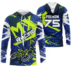 Maillot Cross Protection UV Bleu Vert, Cadeau Personnalisé Pilote Moto Cross, Courses Moto Tout-Terrain - 26122208MZ