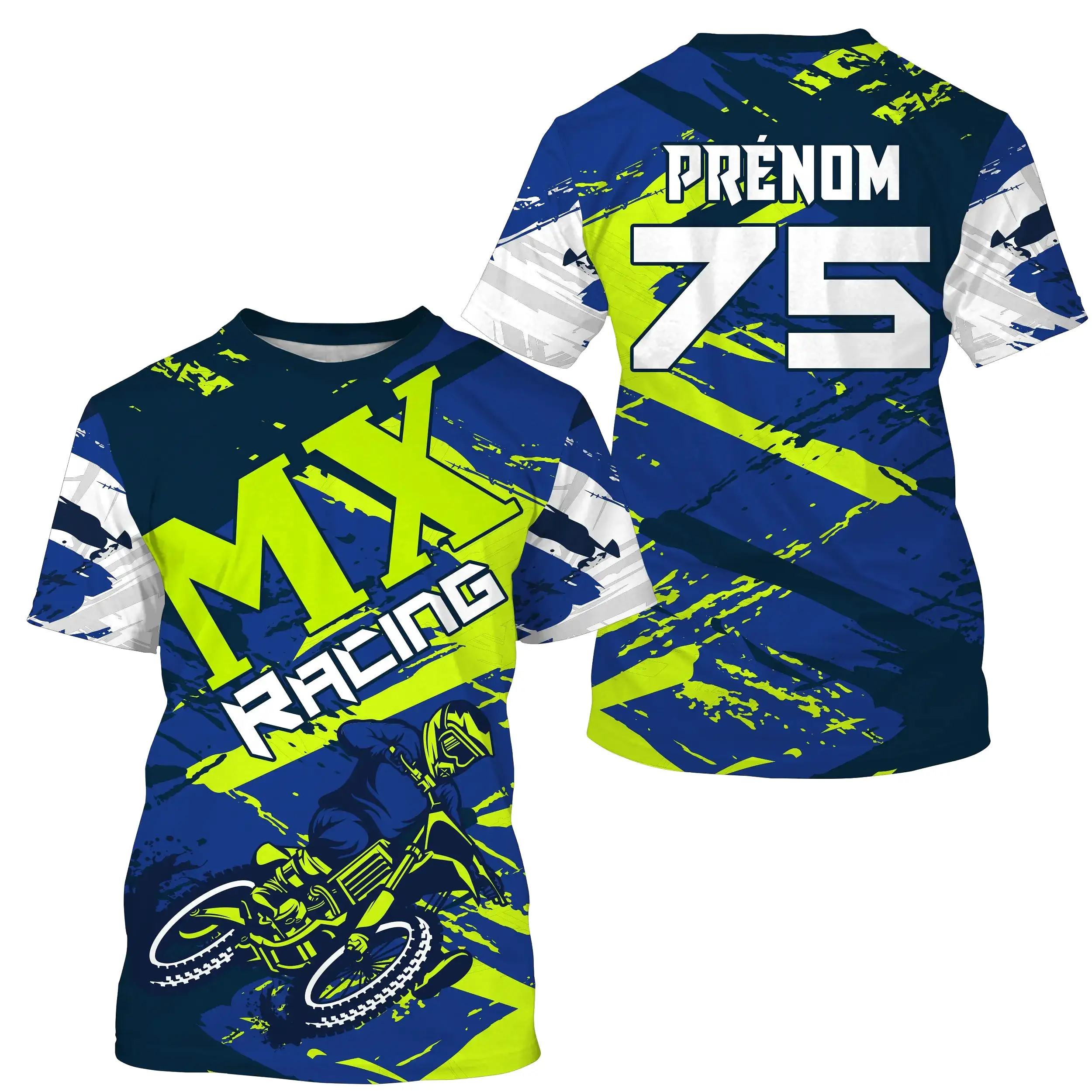 Maillot Cross Protection UV Bleu Vert, Cadeau Personnalisé Pilote Moto Cross, Courses Moto Tout-Terrain - 26122208MZ