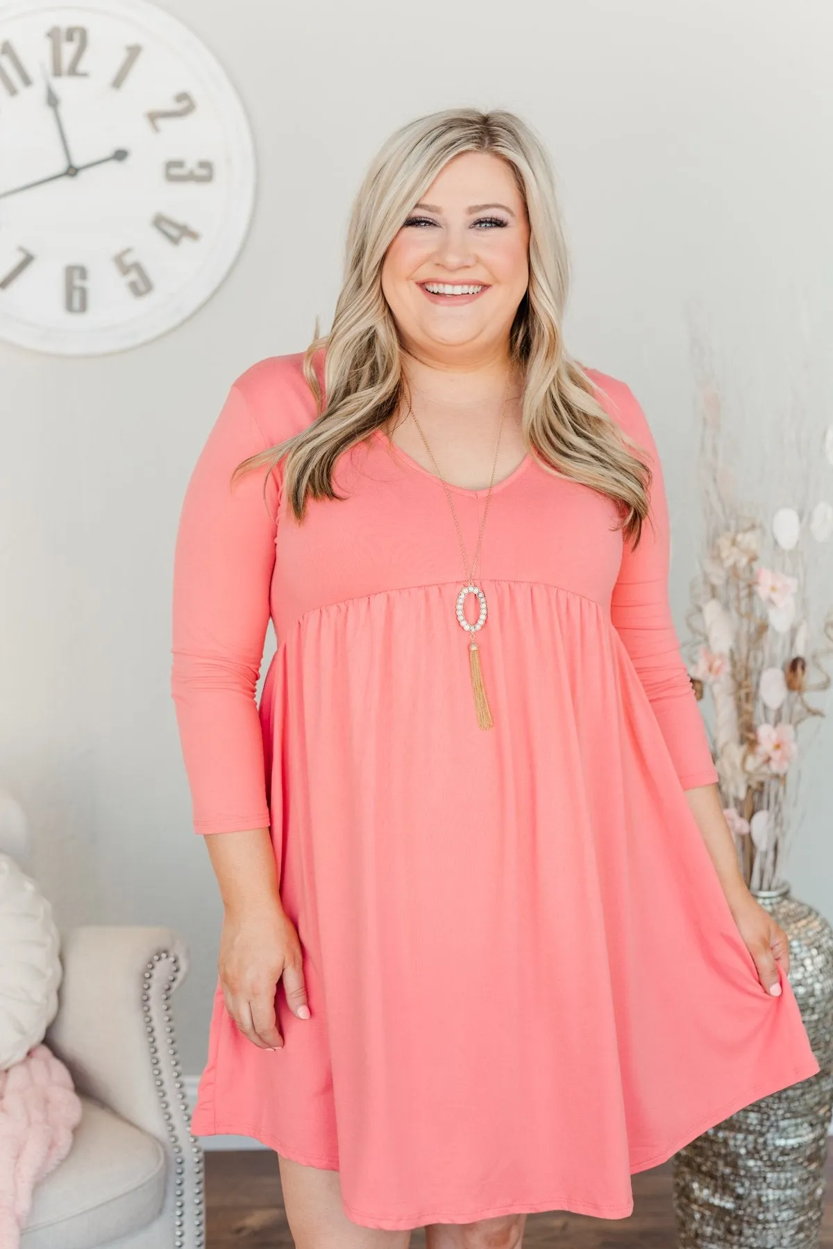 Marvelous Mornings Babydoll Dress- Coral