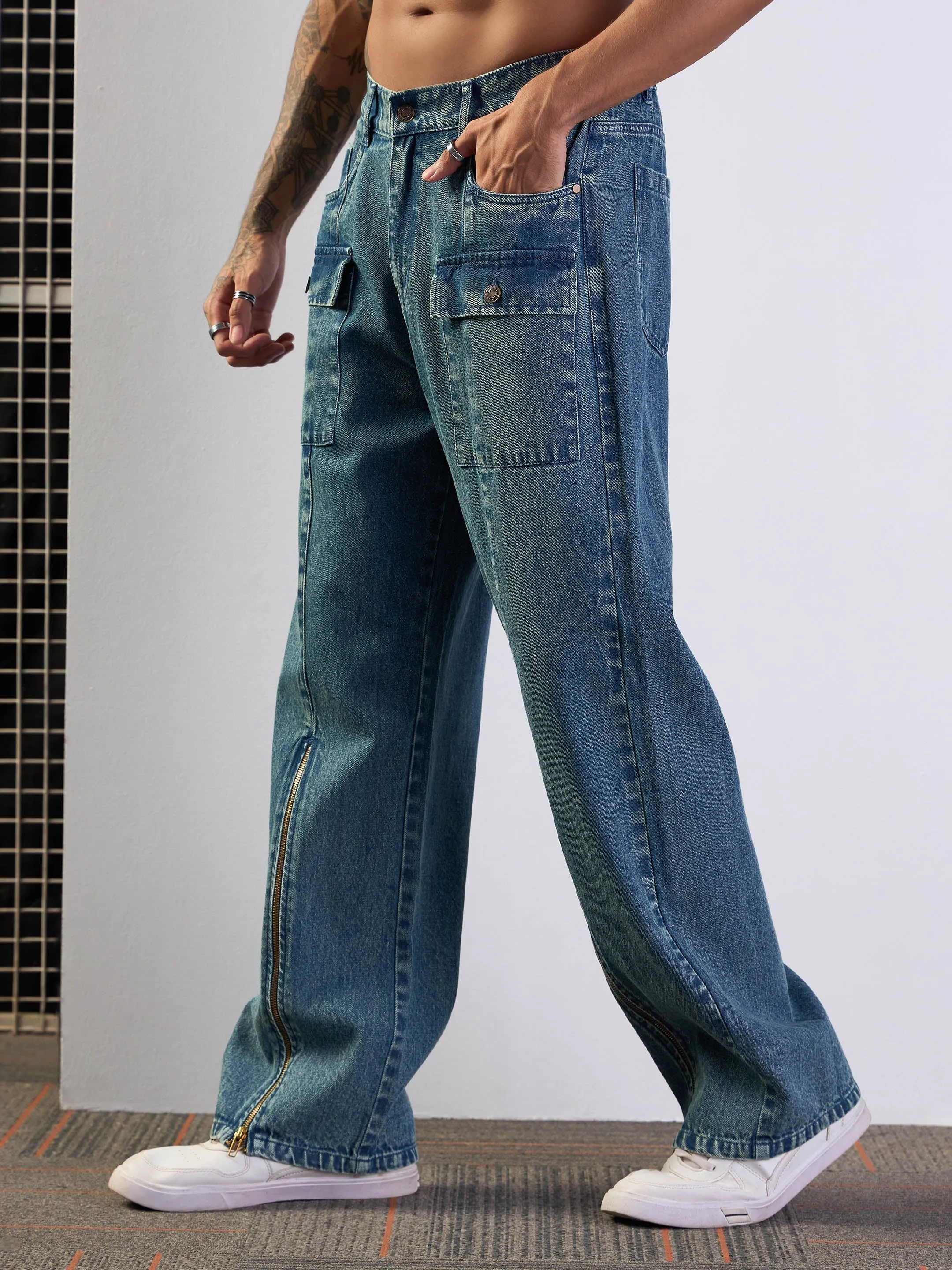 Men Blue Washed Front Zipper Baggy Jeans