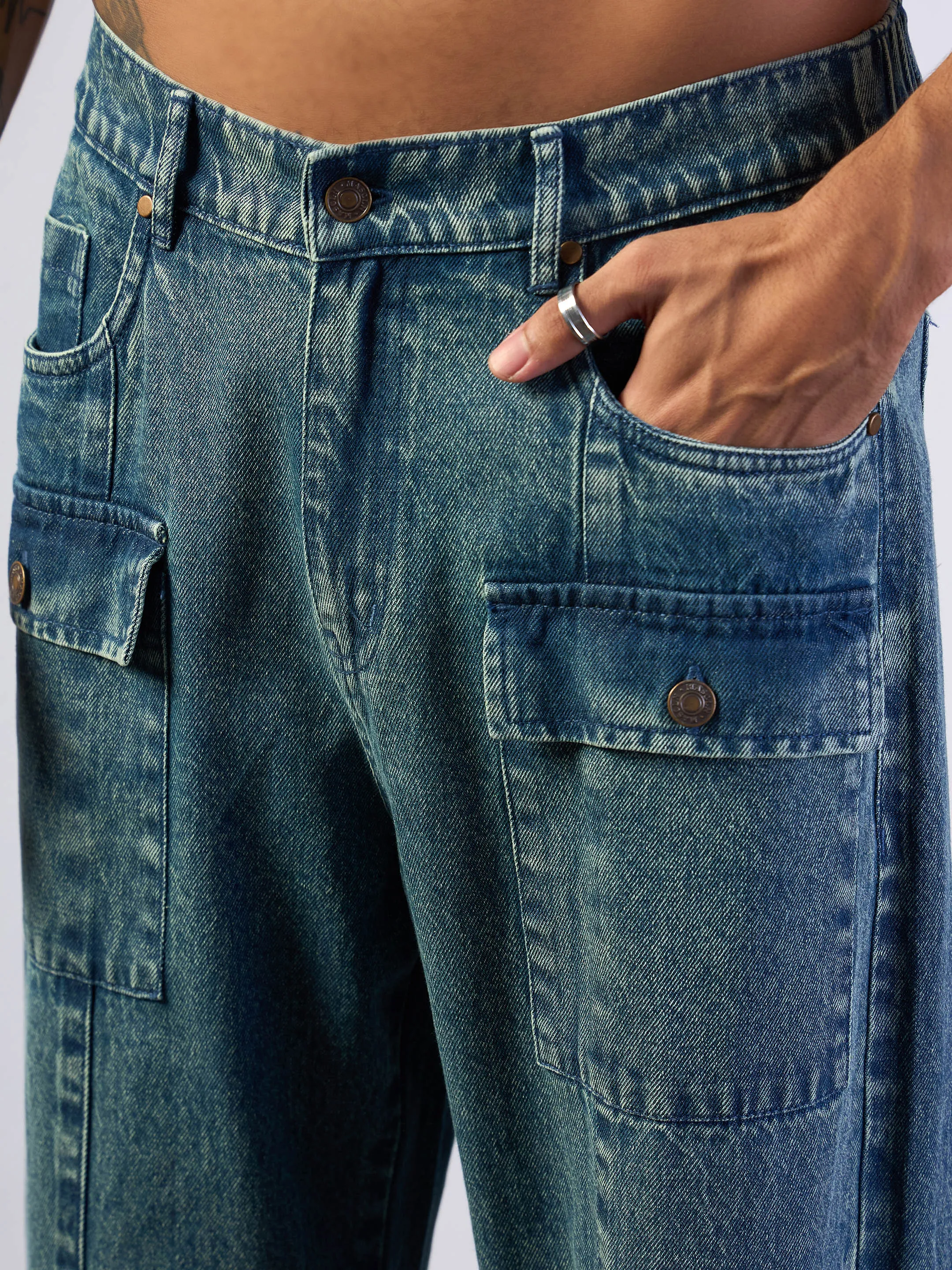 Men Blue Washed Front Zipper Baggy Jeans