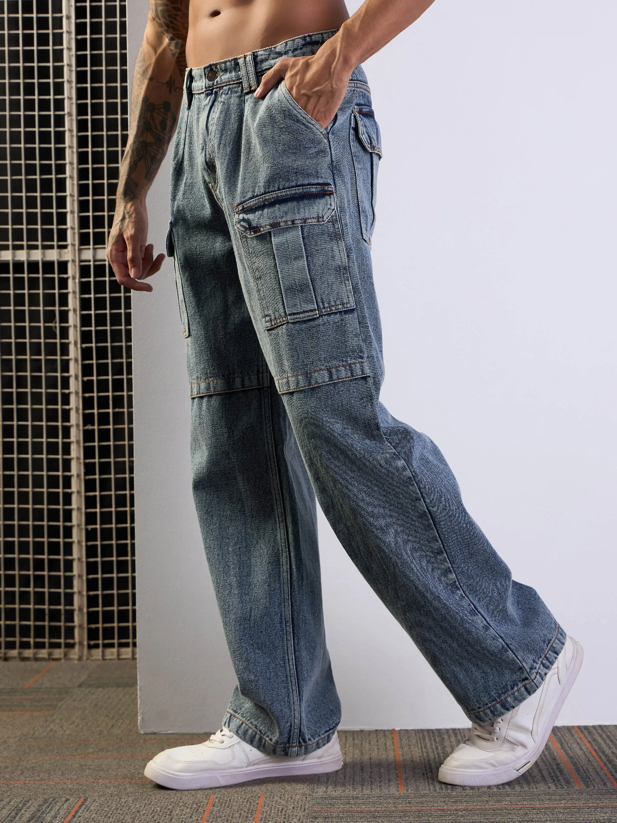 Men Blue Washed Side Pocket Baggy Cargo Jeans