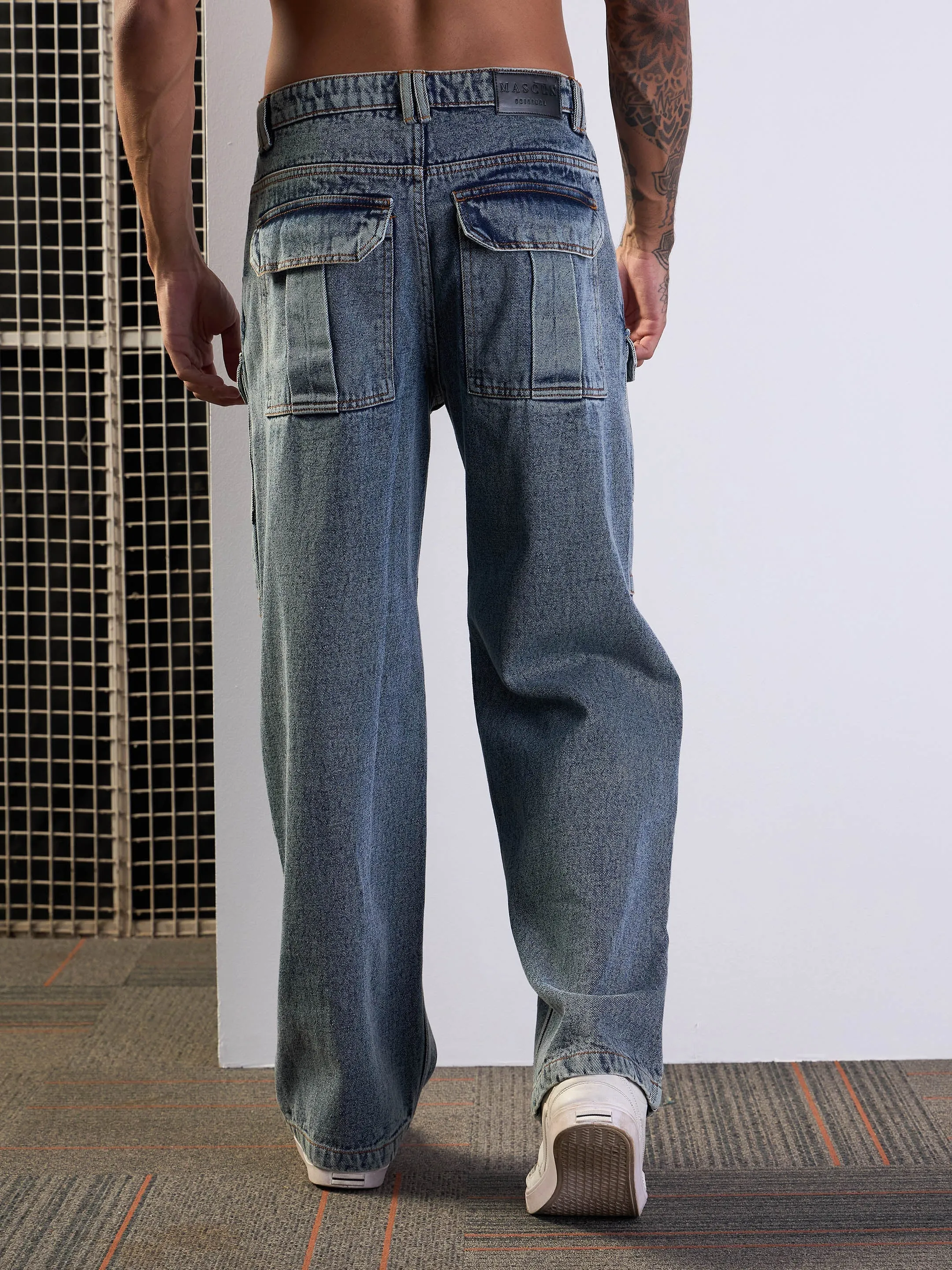 Men Blue Washed Side Pocket Baggy Cargo Jeans