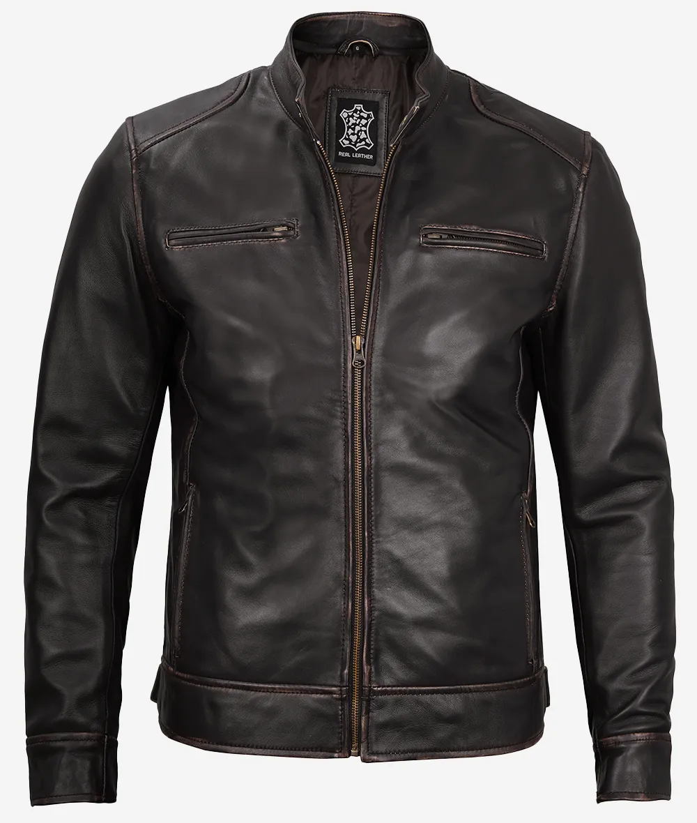 Men's Real Leather Vintage Brown Cafe Racer Jacket