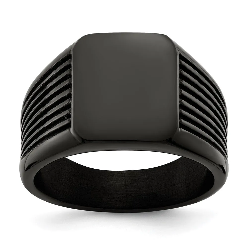 Men's 13mm Black Plated Stainless Steel Grooved Tapered Signet Ring