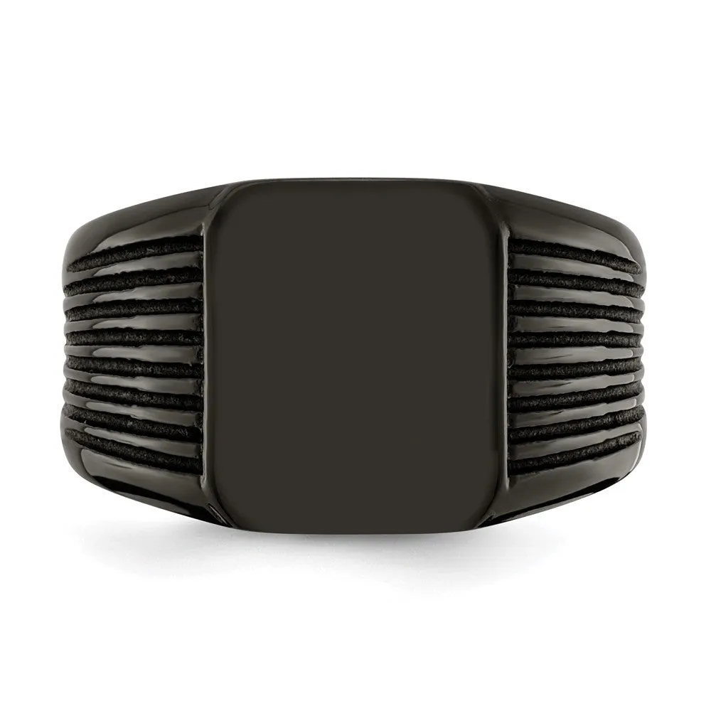 Men's 13mm Black Plated Stainless Steel Grooved Tapered Signet Ring