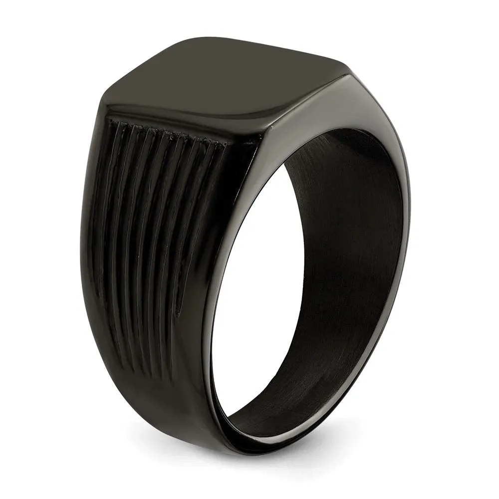 Men's 13mm Black Plated Stainless Steel Grooved Tapered Signet Ring