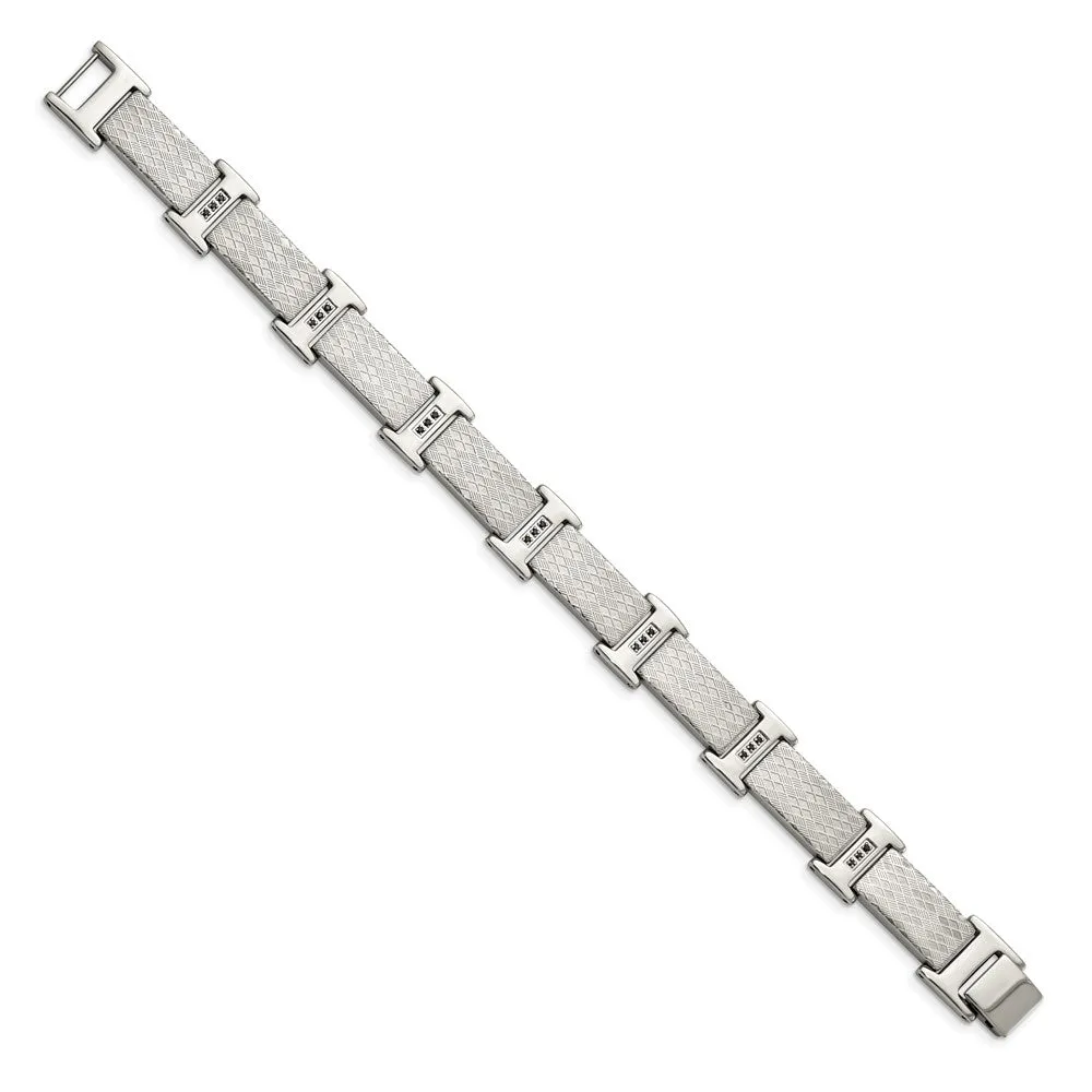 Men's 14mm Stainless Steel & Black CZ Textured Link Bracelet, 8.5 Inch