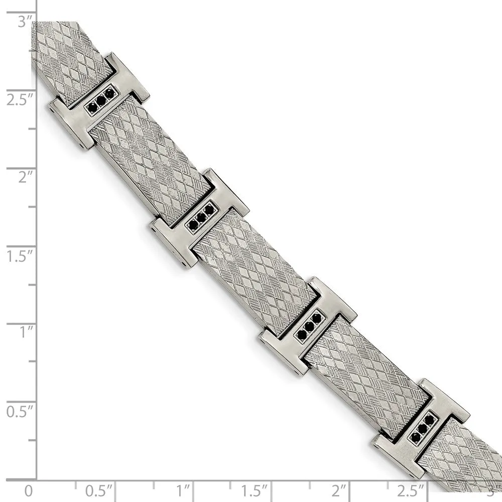 Men's 14mm Stainless Steel & Black CZ Textured Link Bracelet, 8.5 Inch