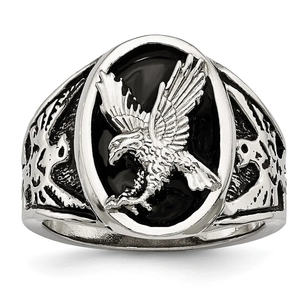 Men's 19mm Stainless Steel Black Enamel Textured Eagle Ring