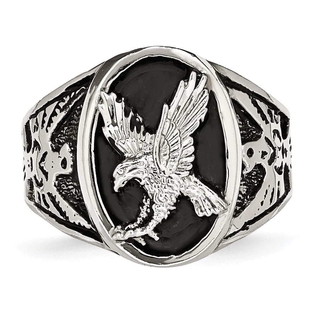 Men's 19mm Stainless Steel Black Enamel Textured Eagle Ring