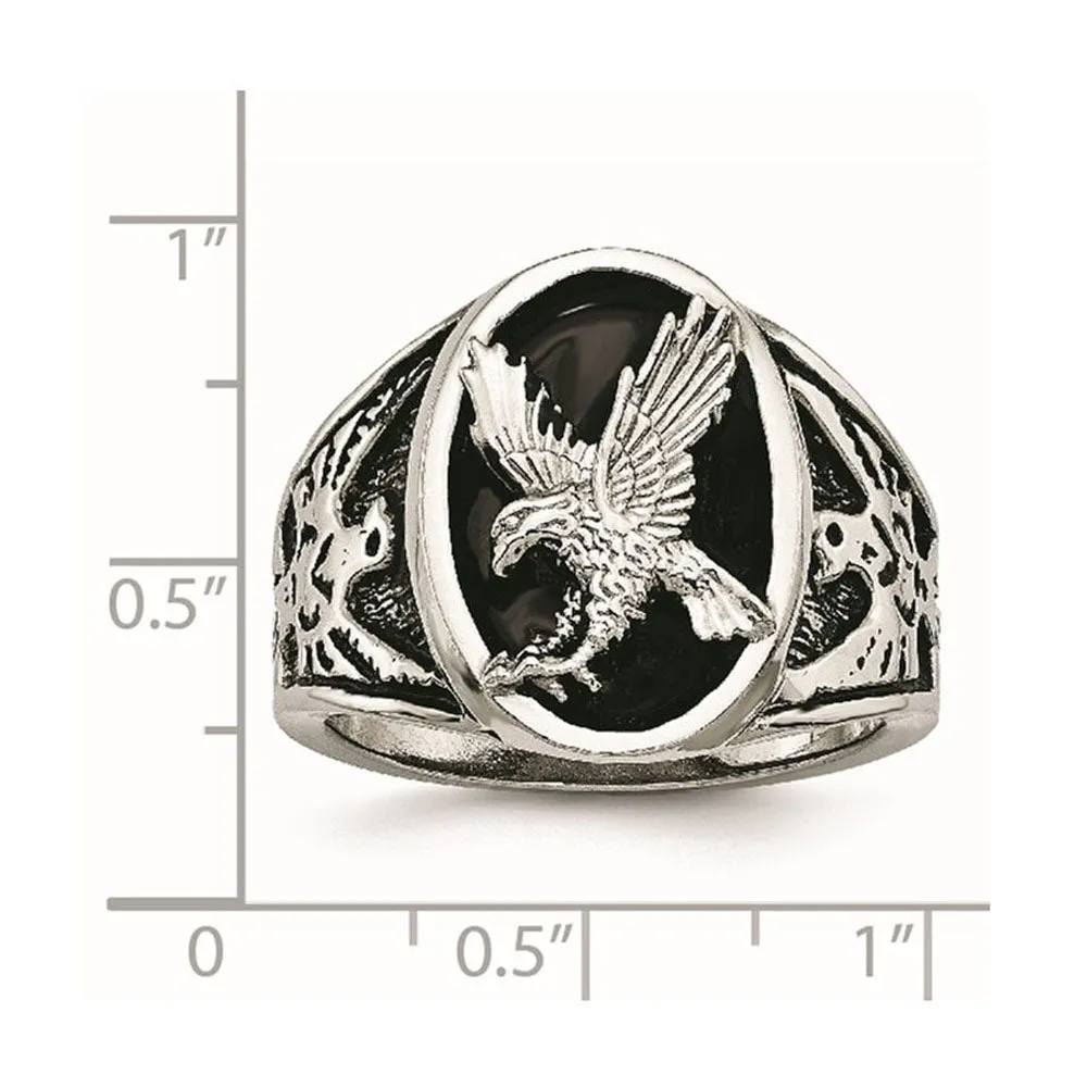 Men's 19mm Stainless Steel Black Enamel Textured Eagle Ring