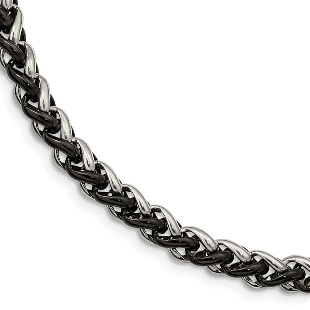 Men's 7mm Stainless Steel & Black Plated Spiga Chain Necklace, 24 Inch