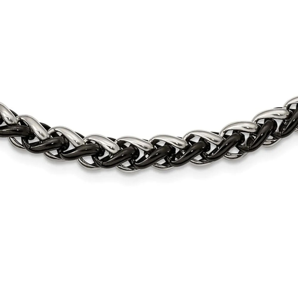 Men's 7mm Stainless Steel & Black Plated Spiga Chain Necklace, 24 Inch