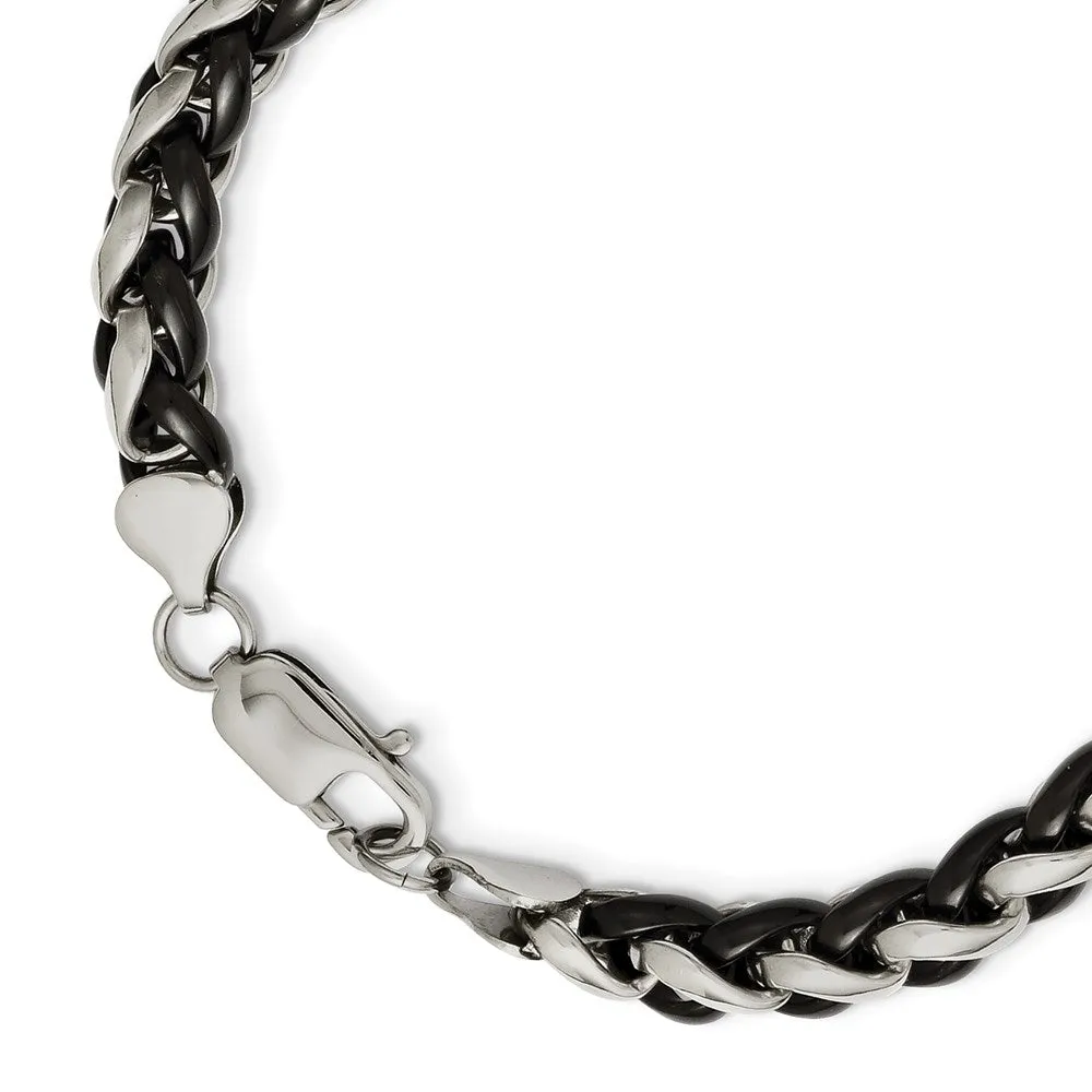 Men's 7mm Stainless Steel & Black Plated Spiga Chain Necklace, 24 Inch