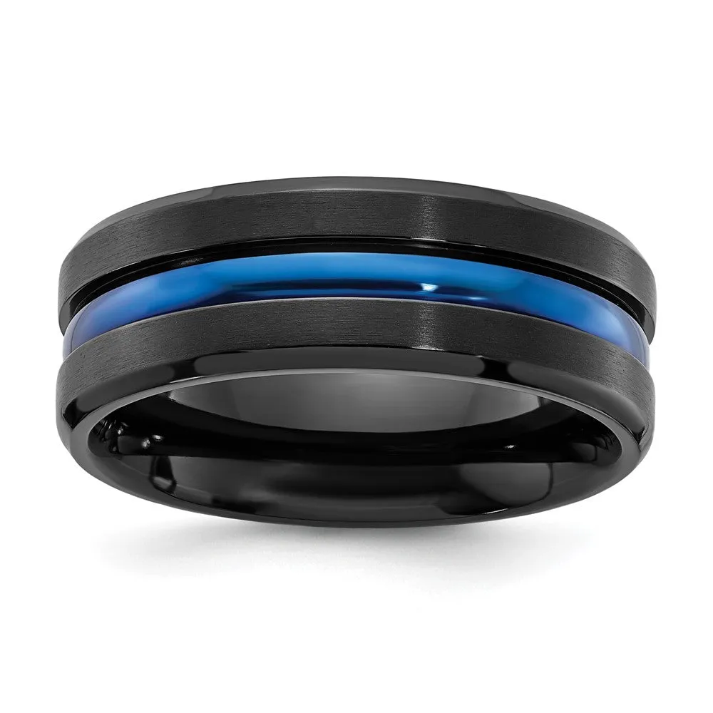 Men's 8mm Black & Blue Plated Titanium Grooved Standard Fit Band