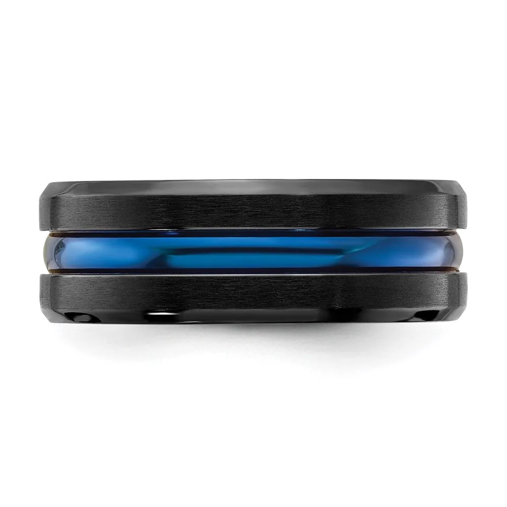 Men's 8mm Black & Blue Plated Titanium Grooved Standard Fit Band