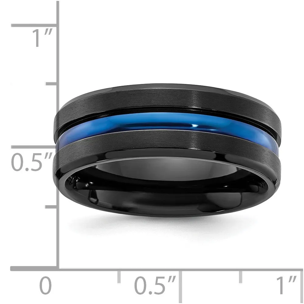 Men's 8mm Black & Blue Plated Titanium Grooved Standard Fit Band