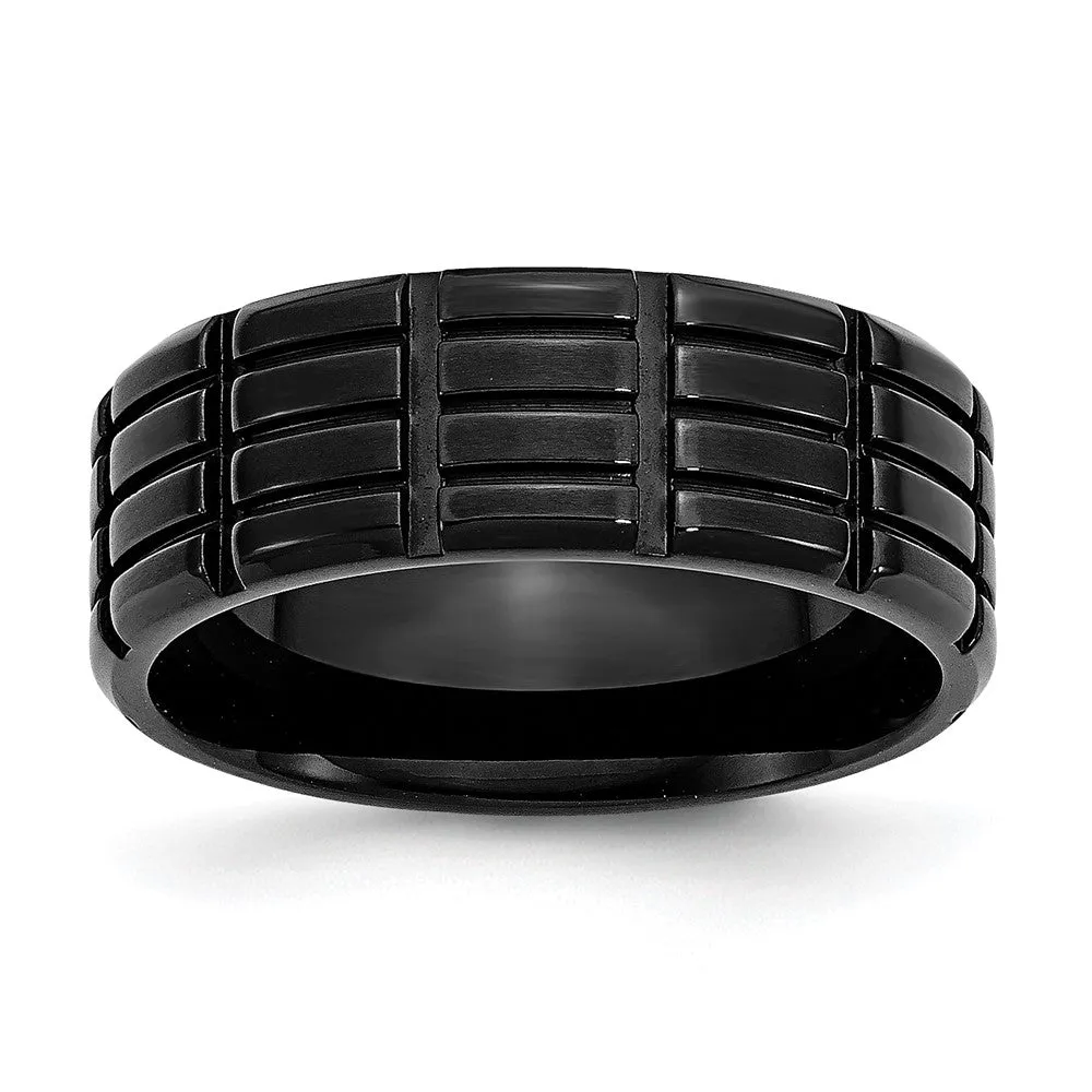 Men's 8mm Black Plated Stainless Steel Grooved Standard Fit Band