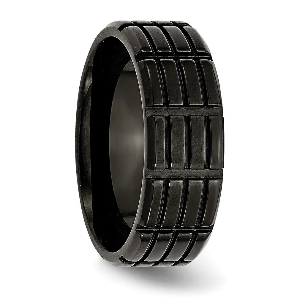 Men's 8mm Black Plated Stainless Steel Grooved Standard Fit Band