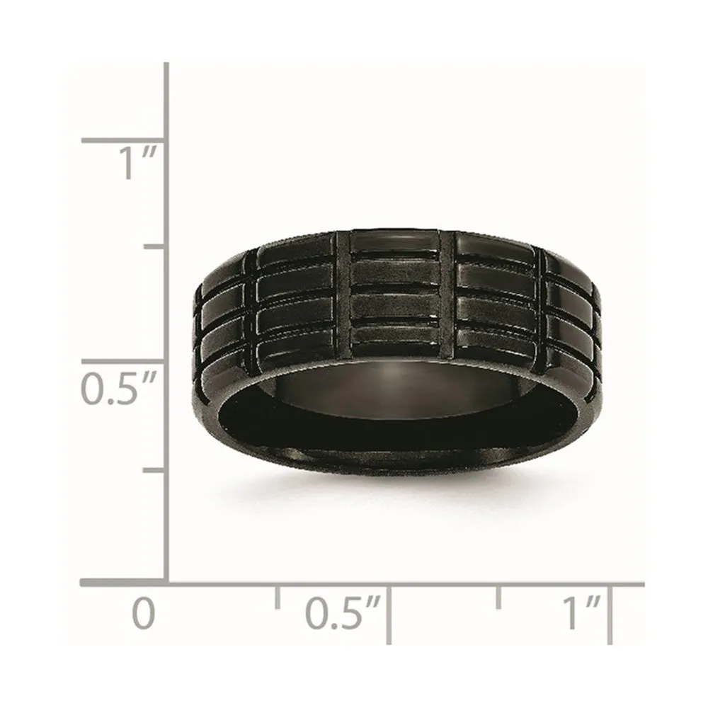 Men's 8mm Black Plated Stainless Steel Grooved Standard Fit Band