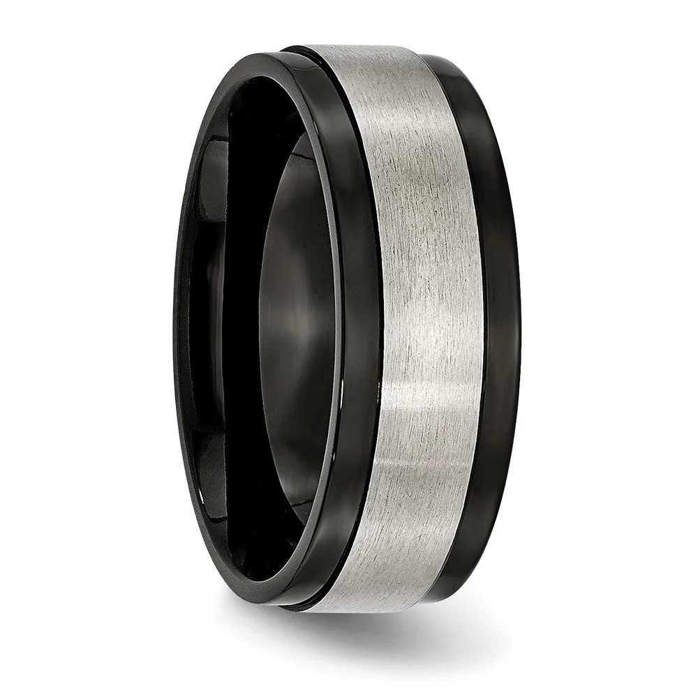 Men's 8mm Titanium Brushed & Black Plated Ridged Comfort Fit Band