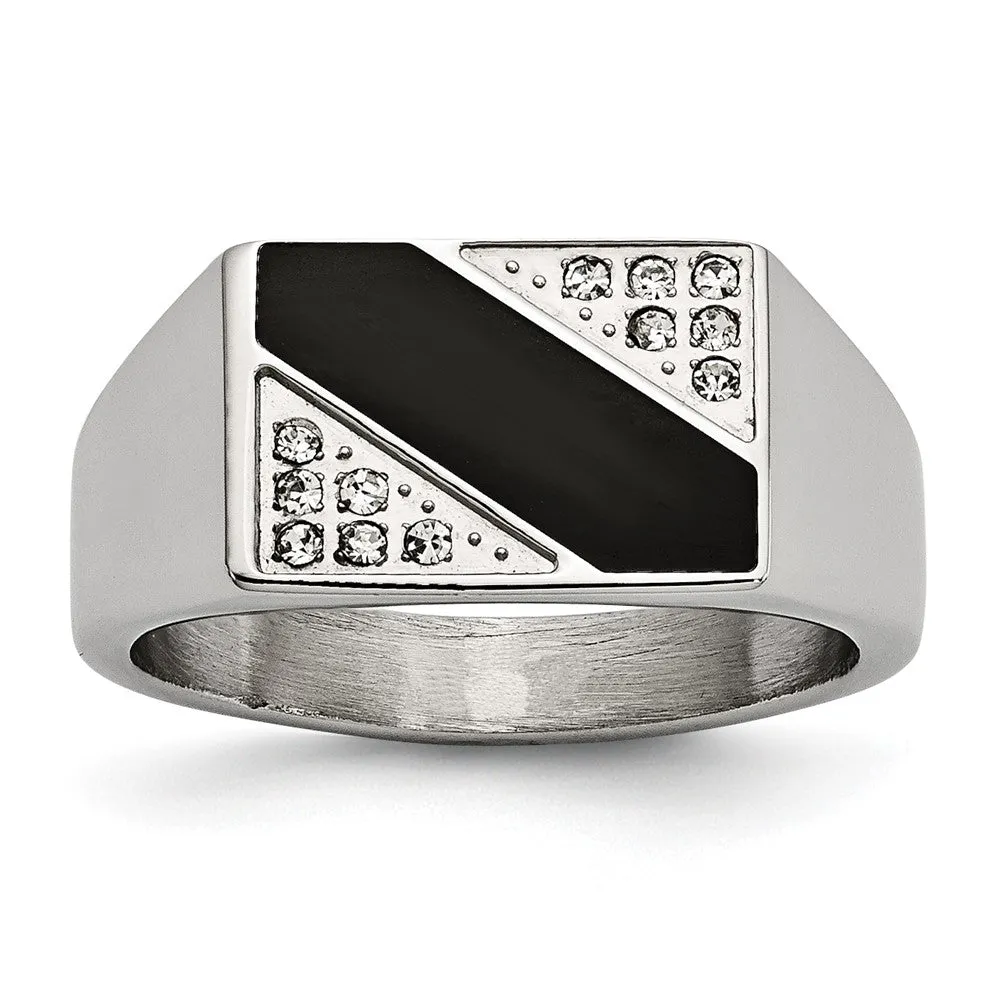 Men's 9mm Stainless Steel Black Enamel & CZ Tapered Signet Ring