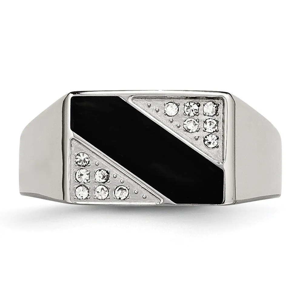 Men's 9mm Stainless Steel Black Enamel & CZ Tapered Signet Ring