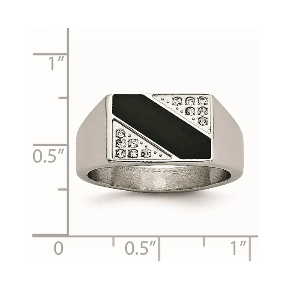 Men's 9mm Stainless Steel Black Enamel & CZ Tapered Signet Ring